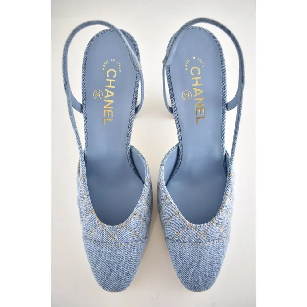 Chanel 26B Light Blue Denim Quilted Coco Sling Slingback Block Heel Pump 38.5c